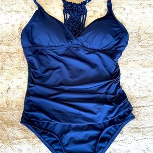 Swim suit, Dark blue, crocheted back, Size 10